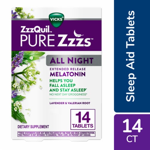 ZzzQuil PURE Zzzs All Night Extended Release Melatonin Sleep Aid Tablets Perspective: front