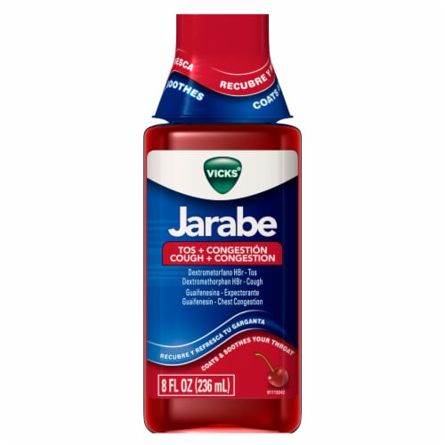 Vicks Jarabe Cherry Flavor Cough + Congestion Relief Liquid Perspective: front