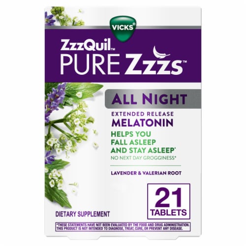 ZzzQuil PURE Zzzs All Night Extended Release Melatonin Sleep Aid Tablets Perspective: front
