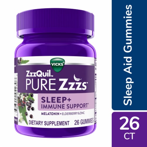ZzzQuil PURE Zzzs Sleep + Immune Support Melatonin Sleep Aid Gummies Perspective: front