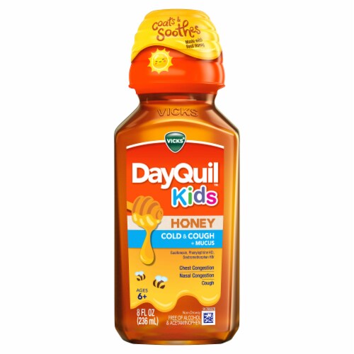 DayQuil Kids Honey Cold & Cough + Mucus Liquid Medicine Perspective: front