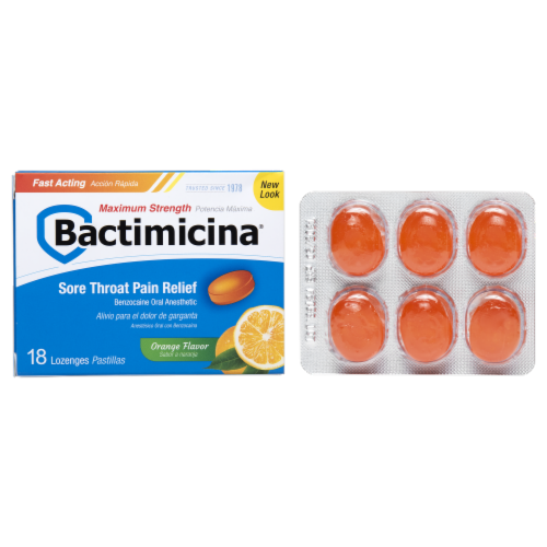 Bactimicina Benzocaine Sore Throat Lozenges Oral Analgesic Perspective: front