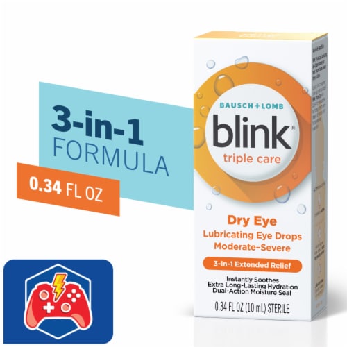 Blink Triple Care Eye Drops for Dry Eyes for Moderate to Severe Dry Eye Symptom Relief Perspective: front