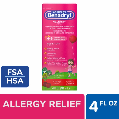 Children's Benadryl Allergy & Cold Relief Liquid Diphenhydramine HCl Cherry Flavor Perspective: front
