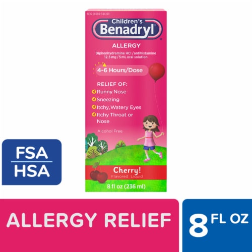 Children's Benadryl Allergy & Cold Relief Liquid Diphenhydramine HCl Cherry Flavor Perspective: front