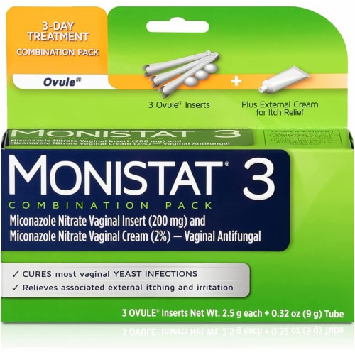 Monistat Three-Day Regular Strength Yeast Infection Treatment Ovule Inserts & External Itch Cream Perspective: front