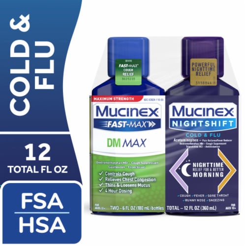 Mucinex Fast Max DM Max & Mucinex Nightshift Cold & Flu Liquids Perspective: front