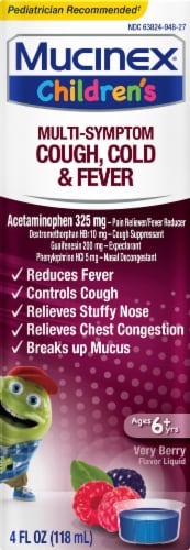 Mucinex Children's Multi-Symptom Cold & Fever Berry Blast Liquid 325mg Perspective: front
