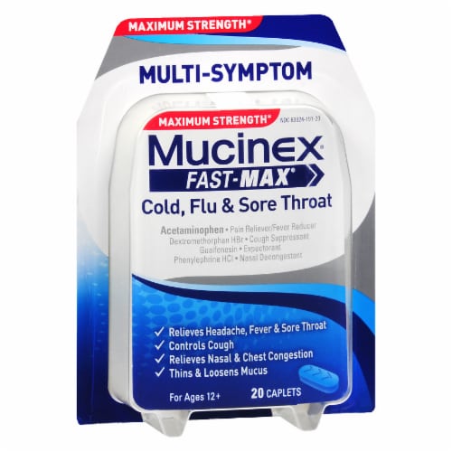 Mucinex® Fast-Max Cold Flu & Sore Throat Maximum Strength Caplets Perspective: front