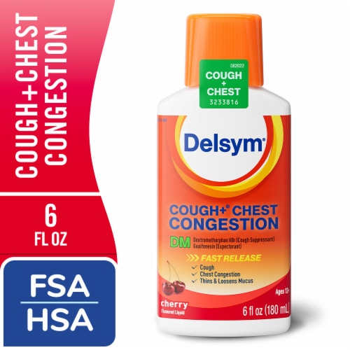 Delsym DM Adult Cough + Chest Congestion Cherry Liquid Perspective: front