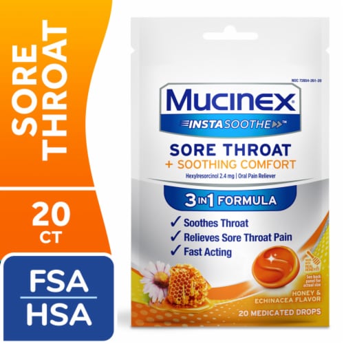 Mucinex InstaSoothe Sore Throat + Soothing Comfort Honey & Echinacea Medicated Drops Perspective: front