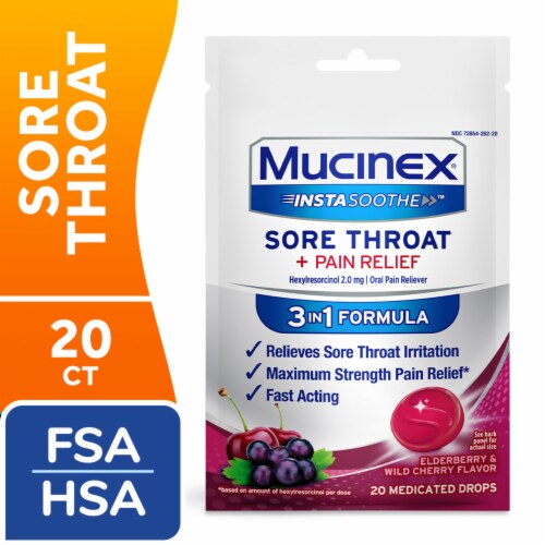 Mucinex® Insta Soothe™ Sore Throat Elderberry & Wild Cherry Flavor Medicated Drops Perspective: front