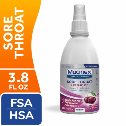 Mucinex InstaSoothe Sore Throat + Pain Relief Cherry Flavor Spray Perspective: front