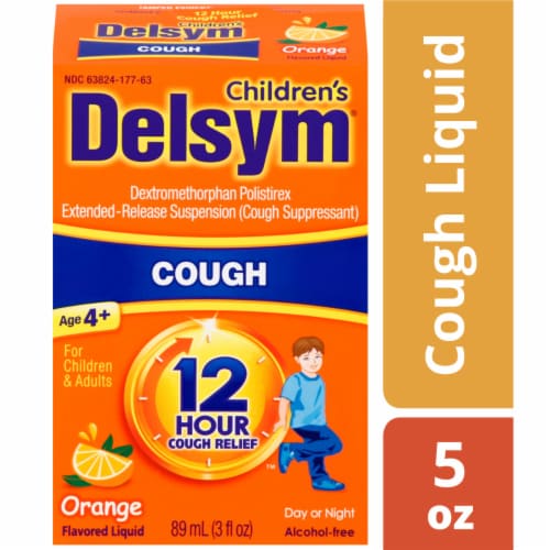 Delysum Children's Orange Flavored Cough Suppressant Liquid Perspective: front