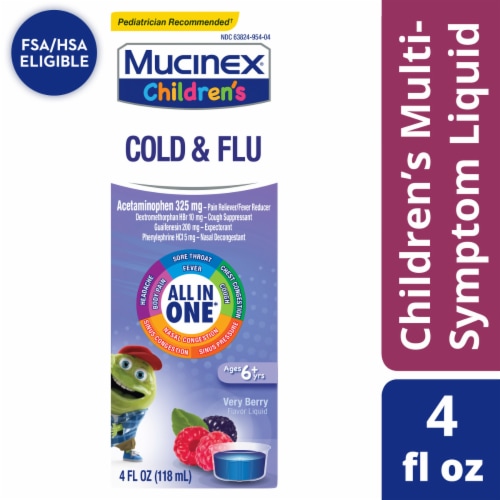 Mucinex® Children's Very Berry Cold & Flu Multi-Symptom Liquid Medicine Perspective: front