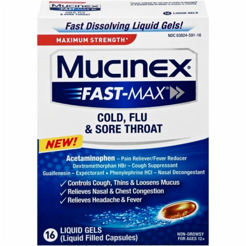 Mucinex® Fast-Max® Cold Flu & Sore ThrLiquid Gelsoat Relief Perspective: front