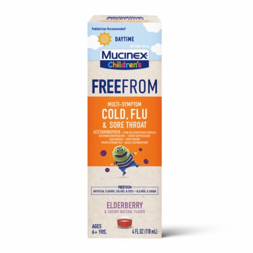Mucinex Children's Freefrom Multi-Symptom Elderberry & Cherry Flavor Cold Flu & Sore Throat Liquid Perspective: front