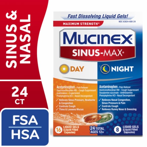 Mucinex Sinus-Max Maximum Strength Day & Night Liquid Gels Perspective: front