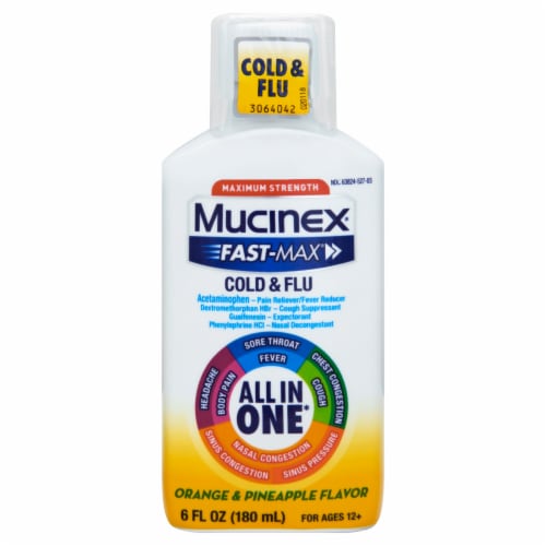 Mucinex Orange & Pineapple Flavor Fast Max Cold & Flu All in One Perspective: front