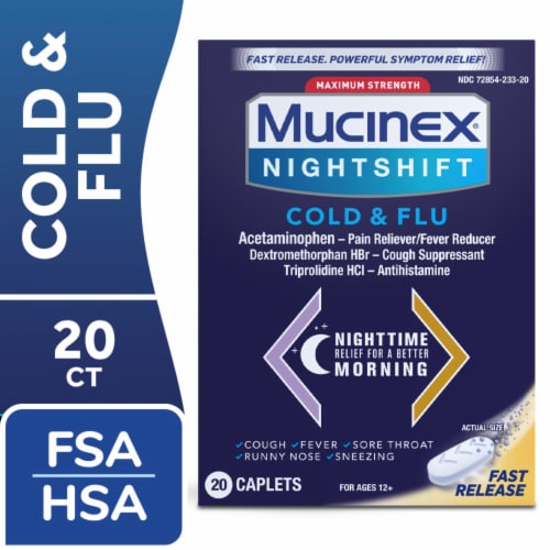 Mucinex® Nightshift Cold & Flu Maximum Strength Relief Caplets Perspective: front