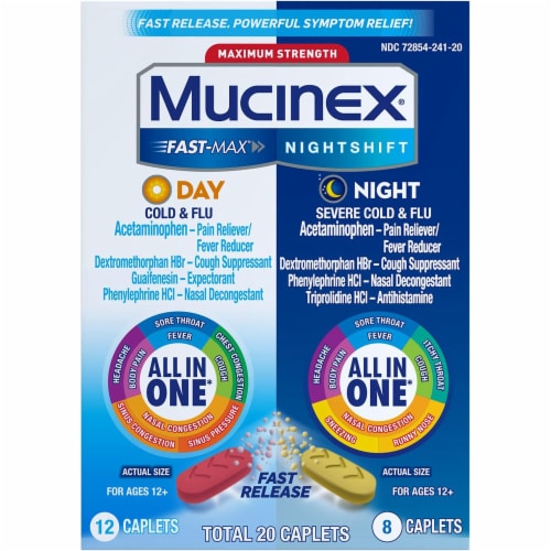 Mucinex® Maximum Strength Day/Night Cold & Flu Relief Caplets Perspective: front
