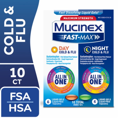 Mucinex Fast Max Maximum Strength Day & Night Cold & Flu Liquid Gels Perspective: front