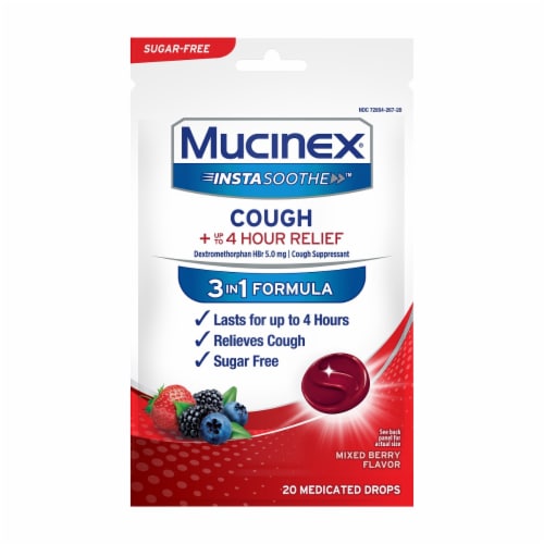 Mucinex Insta Soothe™ Cough 4 Hour Relief 3-in-1 Formula Sugar Free Medicated Drops Perspective: front