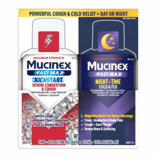 Mucinex® Fast-Max Kickstart Severe Congestion & Cough and Nighttime Cold & Flu Medicine Perspective: front