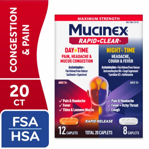 Mucinex Rapid Clear Pain, Headache & Mucus Congestion and Nighttime Caplets Perspective: front