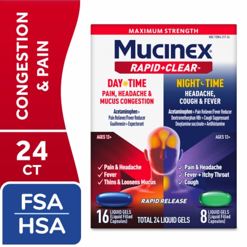 Mucinex Rapid Clear Pain, Headache & Mucus Congestion and Nighttime Liquid Gels Perspective: front