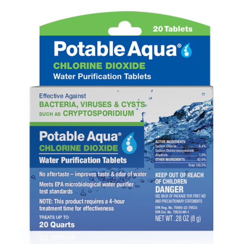 Potable Aqua® Chlorine Dioxide Water Purification Tablets Perspective: front