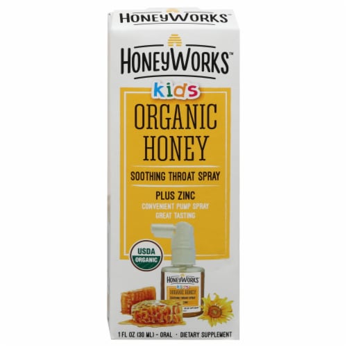 HoneyWorks™ Kids Organic Honey Soothing Throat Spray Perspective: front