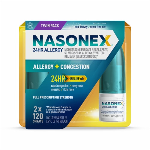 Nasonex 24HR Allergy Nasal Spray, Allergy + Congestion, Mometasone, 120 Spray Count Perspective: front