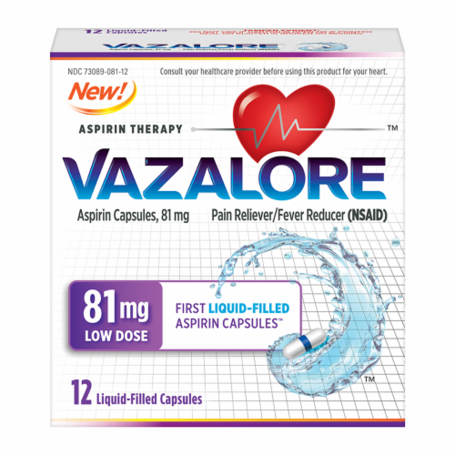 Vazalore Liquid-Filled Aspirin Capsules Perspective: front