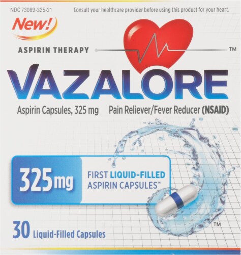 Vazalore Liquid-Filled Aspirin Capsules Perspective: front
