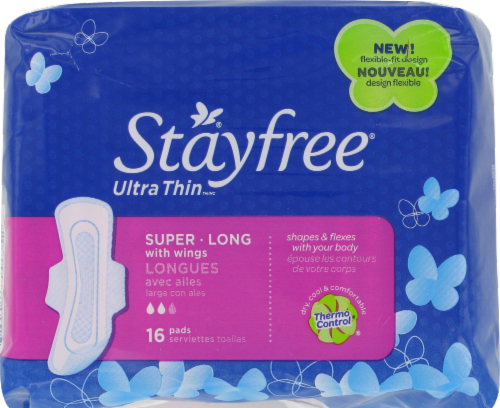 Stayfree Ultra Thin Super Long Pads with Wings Perspective: front