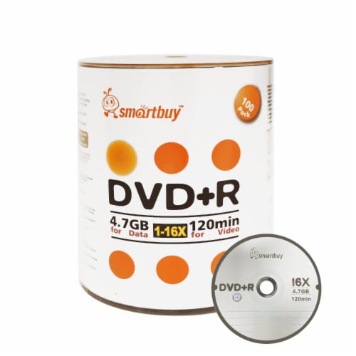 100 Pack Smartbuy 16X DVD+R 4.7GB Logo Top (Non-Printable) Data Video Blank Recordable Disc Perspective: front