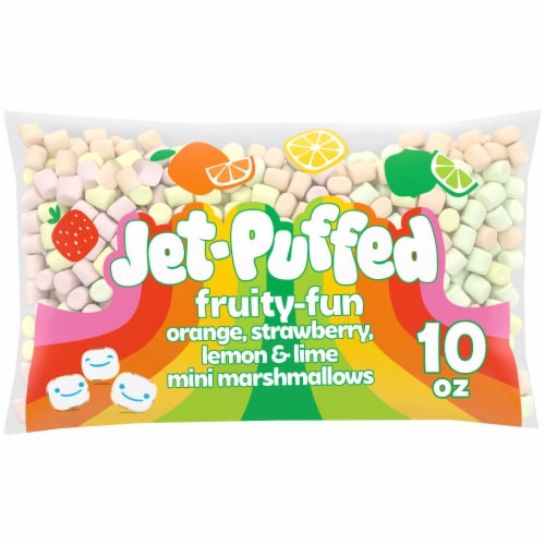 Jet-Puffed Fruity-Fun Orange Strawberry Lemon & Lime Mini Marshmallows Perspective: front