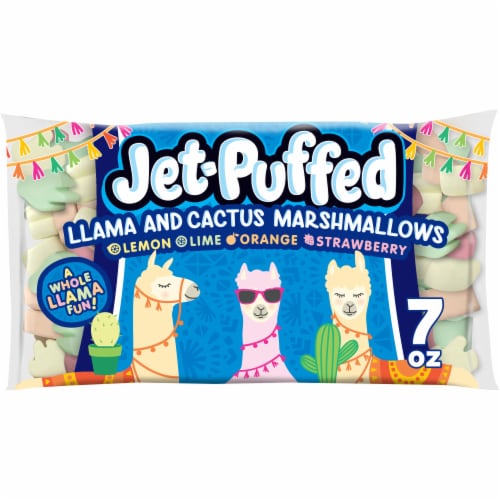 Jet-Puffed Llama and Cactus Shaped Lemon, Lime, Orange and Strawberry Flavored Marshmallows, Bag Perspective: front