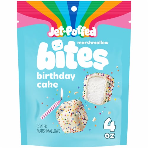 Jet-Puffed Marshmallow Bites Birthday Cake Flavored Coated Marshmallows Perspective: front