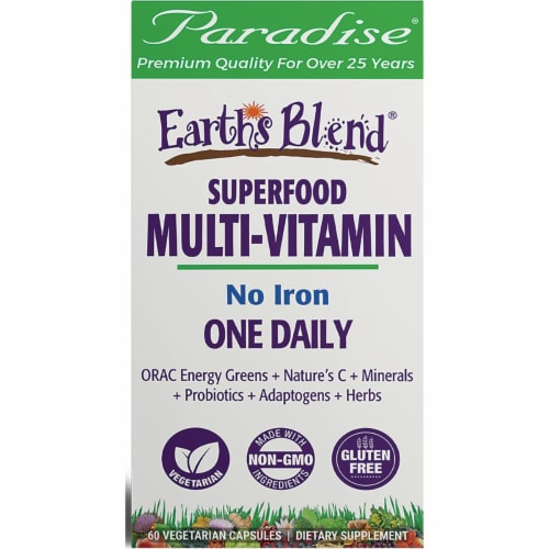 Paradise Herbs Earth's Blend One Daily Superfood Multivitamin No Iron 60 Veg Caps Perspective: front