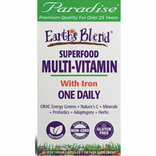 Paradise Herbs Earth's Blend One Daily Superfood Multivitamin with Iron 60 Veg Caps Perspective: front