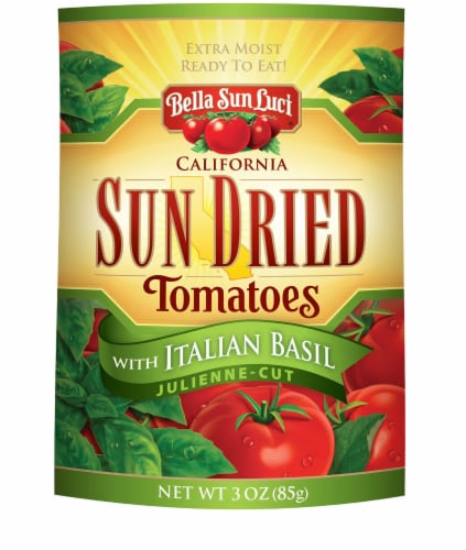 Bella Sun Luci: Sun Dried Tomatoes with Italian Basil Julienne Cut, 3 Oz (Pack of 20) Perspective: front