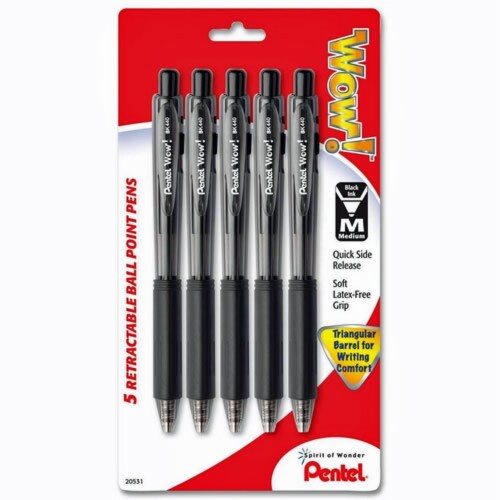 Wow Retractable Ballpoint Pen 1.0mm Medium Line Black Ink 5
