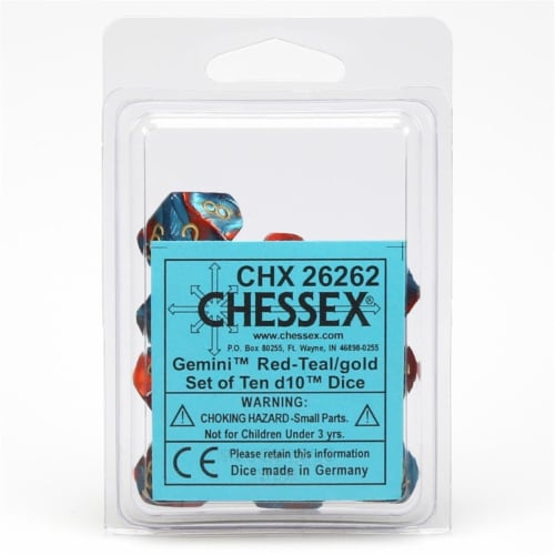 Chessex Manufacturing CHX26262 Red & Teal Gemini No.7 Gold Numbers D10 Dice - Set of 10 Perspective: front