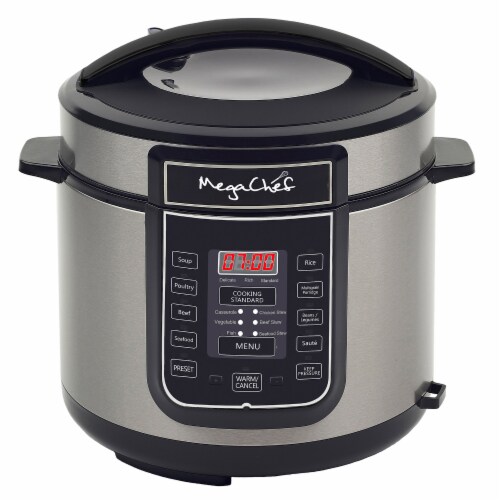 MEGACHEF MCPR100A Quart Digital Pressure Cooker with 14 Pre-set Multi Function Perspective: front