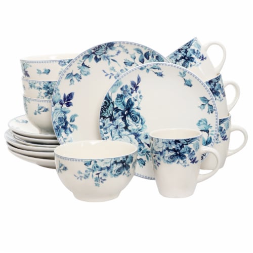 Elama Traditional Blue Rose 16 Piece Dinnerware Set Perspective: front