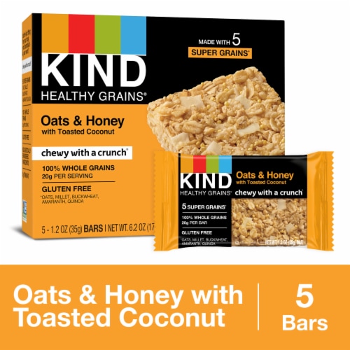 KIND HEALTHY GRAINS Gluten Free Oats & Honey with Toasted Coconut Healthy Snack Bars Perspective: front