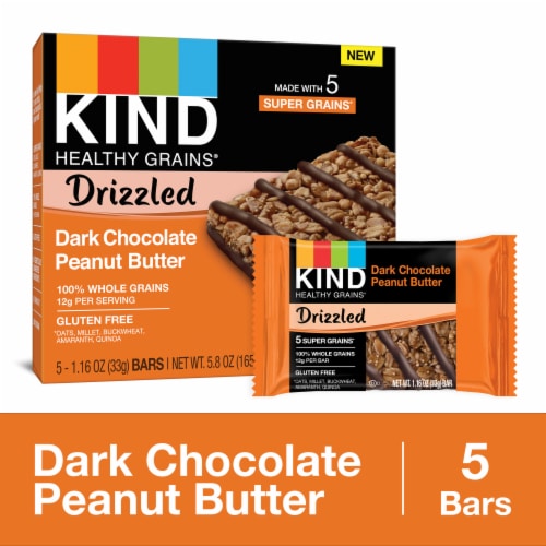 KIND HEALTHY GRAINS Gluten Free Drizzled Dark Chocolate Peanut Butter Whole Grain Snack Bars Perspective: front