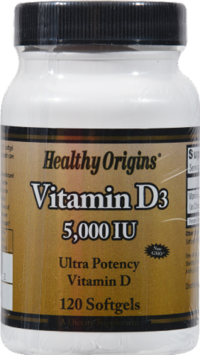Healthy Origins  Vitamin D3 5000 IU Softgels Supplement Perspective: front
